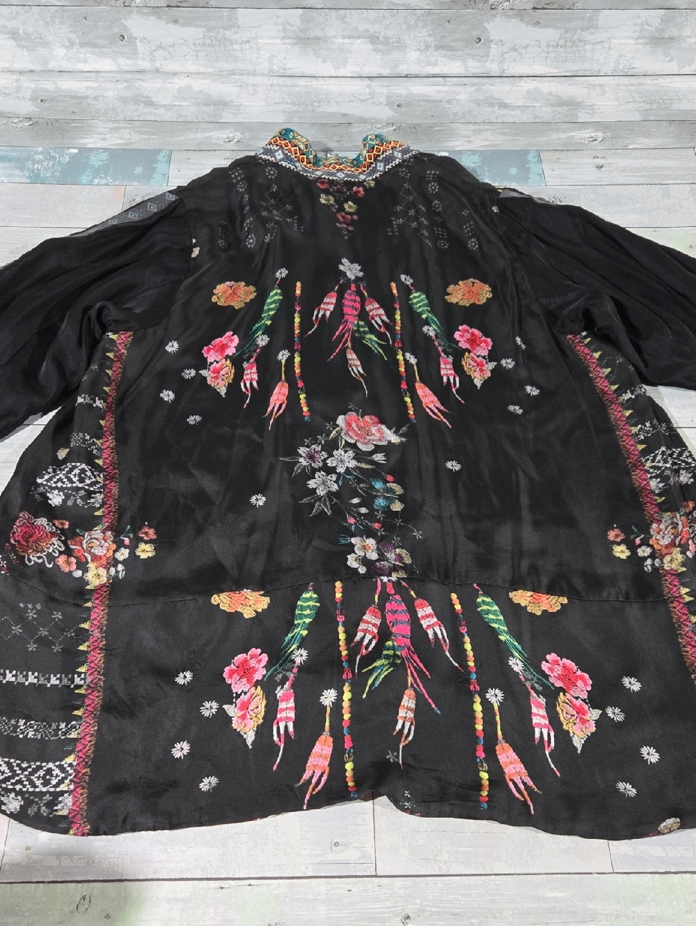 Johnny Was Black Embroidered Floral Kimono Jacket with Multicolor Trim Sz XXL - Picture 5 of 7